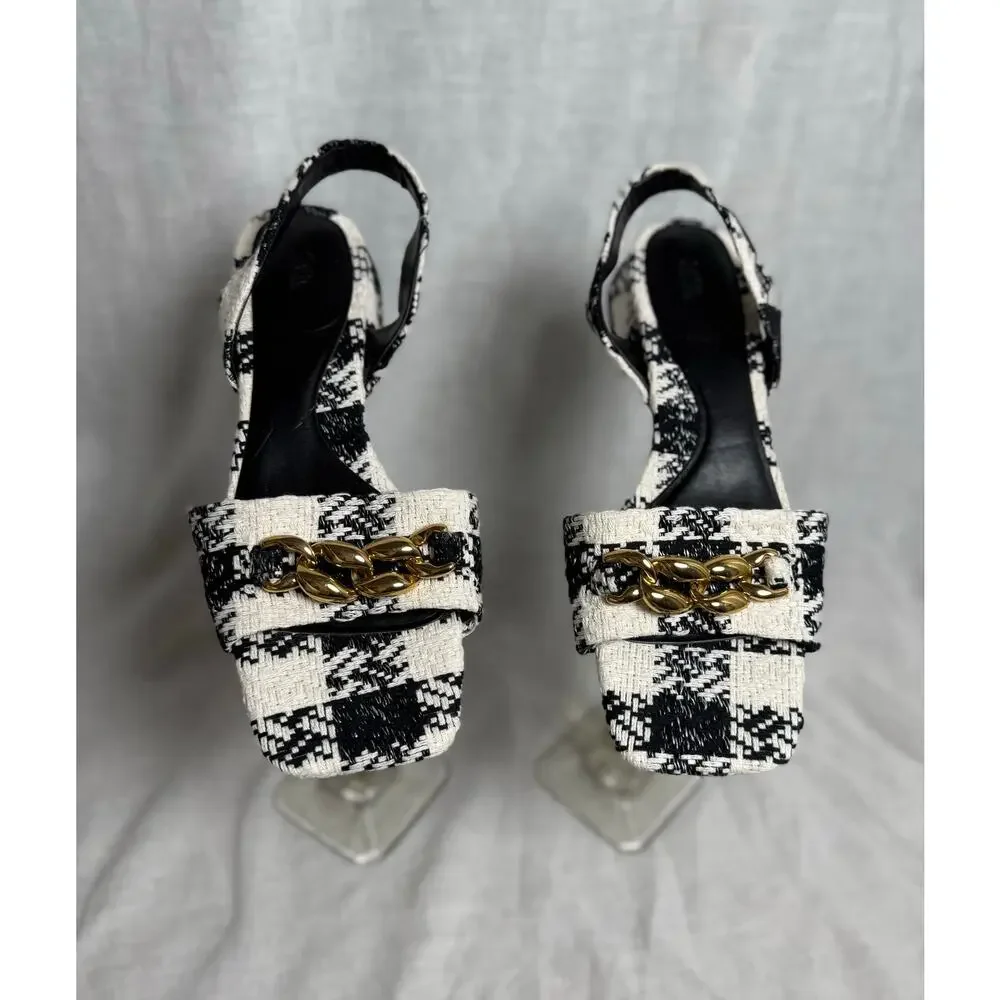 Zara Black & White Fabric Houndstooth Tweed Slingback Gold Chain Sandal
42/11 - Picture 2 of 6